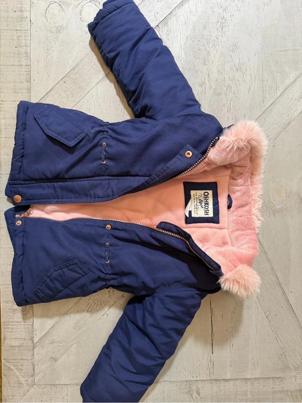 OshKosh B'gosh Navy Jacket with Pink Lining & Faux-Fur Trim Size 4T VGUC